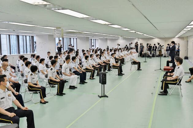 Japan s State Minister of Defense, Yasuhide Nakayama speaks during a launch for large-scale Covid-19 vaccination centres in Tokyo, Japan on Monday, May 17, 2021. This centre will open on May 24, 2021. Tokyo operation units organize Ground, Air and Maritime Self?Defense Forces (Army, Air force and Navy) 240 officer and private 110 medical worker out of 350 members.  TKP2021051741 KEIZOxMORI