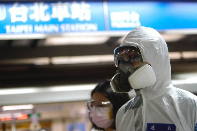 May 18, 2021, Taipei, Taipei, Taiwan: Military officers wearing personal protective equipment disinfect a major subway station in Taipei, as Taiwan has seen a dramatic increase in the number of locally acquired cases. The capital and New Taipei, where domestic cases were largely reported, have imposed stricter restrictions including suspending large scale activities, asking people to wear a mask outdoor, and forcing non essential businesses to close for curbing the spread of the coronavirus. Taipei Taiwan - ZUMAs313 20210518_zip_s313_003 Copyright: xDanielxCengxShou-Yix