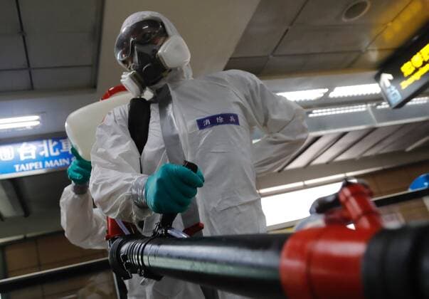 May 18, 2021, Taipei, Taipei, Taiwan: Military officers wearing personal protective equipment disinfect a major subway station in Taipei, as Taiwan has seen a dramatic increase in the number of locally acquired cases. The capital and New Taipei, where domestic cases were largely reported, have imposed stricter restrictions including suspending large scale activities, asking people to wear a mask outdoor, and forcing non essential businesses to close for curbing the spread of the coronavirus. Taipei Taiwan - ZUMAs313 20210518_zip_s313_020 Copyright: xDanielxCengxShou-Yix