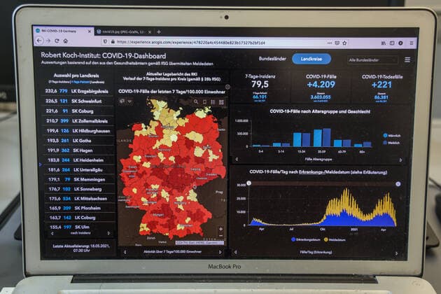 Coronavirus in Germany Covid 19 Dashboard of the Robert Koch Institute 18 05 2021 Robert Koch Institute 7 days Incidence 79.5 7 days Number of cases 66 101 COVID 19 cases 3 603 055 Addition of 4 209 compared to the previous day COVID 19 deaths 86 381 Addition of 221 compared to the previous day