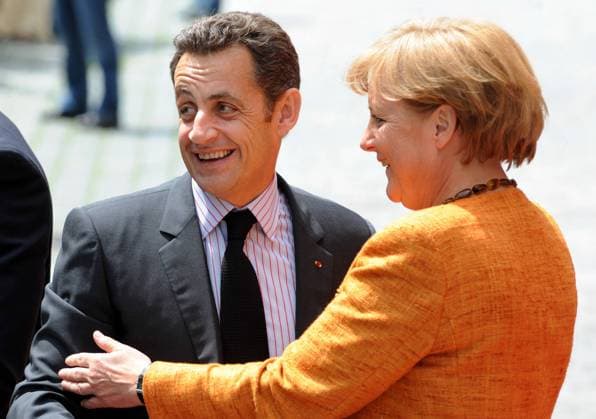 German Chancellor Angela Merkel, right, Nicolas Sarkozy, President of France, left, during a meeting in Straubing, Bavaria, 9 June 2008