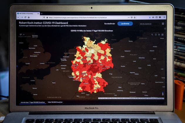 Coronavirus in Germany Covid 19 Dashboard of the Robert Koch Institute 20 05 2021 Robert Koch Institute 7 days Incidence 68.0 7 days Number of cases 56 558 COVID 19 cases 3 626 393 Addition of 12 298 compared to the previous day COVID 19 deaths 86 902 Addition of 237 compared to the previous day