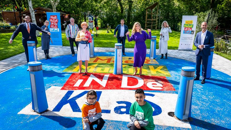 20-05-2021 School Queen Maxima during the opening of the 1st Rotterdam Music Playground, an interactive music playing device, in the playground of the Crooswijk and visited the A.S. Talma School in Rotterdam. Â  Copyright: xPPEx