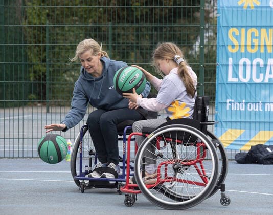 Sophie, Countess of Wessex, Patron of British Wheelchair Basketball, takes part in British Wheelchair Basketball s first Inspire a Generation wheelchair basketball session at Finsbury Park s outdoor basketball courts. Featuring: Sophie, Countess Of Wessex Where: London, United Kingdom When: 20 May 2021 Credit: Cover Images Copyright: xx 41441404 EDITORIAL USE ONLY. NOT FOR USE BY NEWSPAPERS BASED IN THE UK.