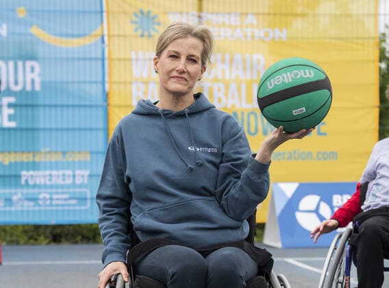 Sophie, Countess of Wessex, Patron of British Wheelchair Basketball, takes part in British Wheelchair Basketball s first Inspire a Generation wheelchair basketball session at Finsbury Park s outdoor basketball courts. Featuring: Sophie, Countess Of Wessex Where: London, United Kingdom When: 20 May 2021 Credit: Cover Images Copyright: xx 41441409 EDITORIAL USE ONLY. NOT FOR USE BY NEWSPAPERS BASED IN THE UK.
