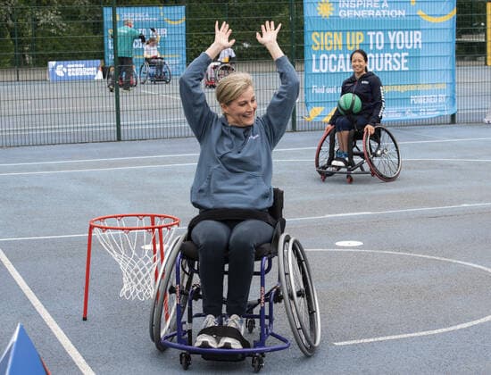 Sophie, Countess of Wessex, Patron of British Wheelchair Basketball, takes part in British Wheelchair Basketball s first Inspire a Generation wheelchair basketball session at Finsbury Park s outdoor basketball courts. Featuring: Sophie, Countess Of Wessex Where: London, United Kingdom When: 20 May 2021 Credit: Cover Images Copyright: xx 41441427 EDITORIAL USE ONLY. NOT FOR USE BY NEWSPAPERS BASED IN THE UK.