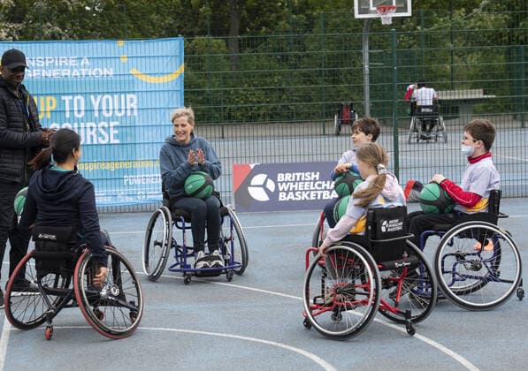 Sophie, Countess of Wessex, Patron of British Wheelchair Basketball, takes part in British Wheelchair Basketball s first Inspire a Generation wheelchair basketball session at Finsbury Park s outdoor basketball courts. Featuring: Sophie, Countess Of Wessex Where: London, United Kingdom When: 20 May 2021 Credit: Cover Images Copyright: xx 41441429 EDITORIAL USE ONLY. NOT FOR USE BY NEWSPAPERS BASED IN THE UK.