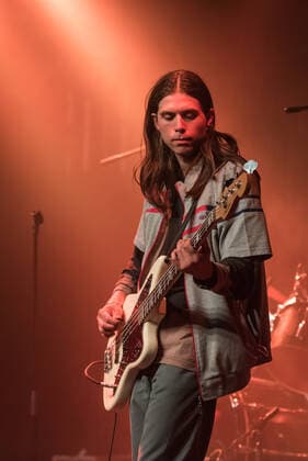 Iceage, live in concert, Roskilde, Denmark Roskilde, Denmark. 20th, May 2021. The Danish punk band Iceage performs a live concert at Gimle in Roskilde. Here bass player Jakob Tvilling Pless is seen live on stage. Roskilde Denmark  Copyright: xGonzalesxPhoto BoxKallbergx