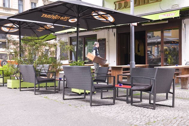 Berlin, Germany 21 May 2021 In Berlin the outdoor gastronomy is allowed to reopen after the lockdown to fight the Corona Pandemic In the picture The Restaurant Mutter in Habsburgerstr Pallasstrasse har chairs and tables put out Berlin Copyright: xFotostandx xReuhlx
