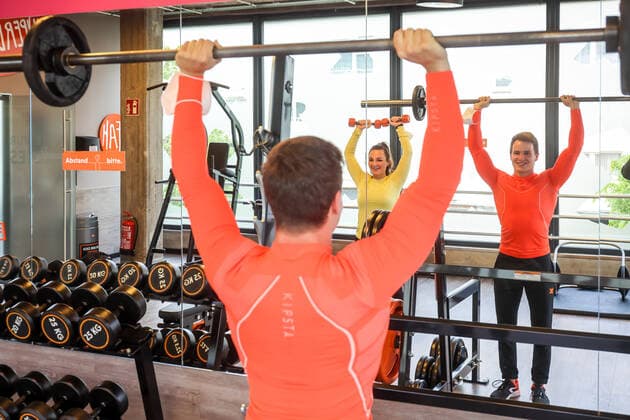 Essen, North Rhine Westphalia, Germany Fitness training in times of the Corona Pandemic, Veronika and John are happy after the long lockdown at their first training s