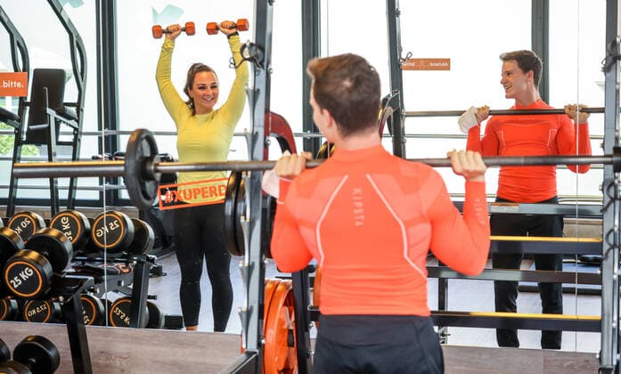 Essen, North Rhine Westphalia, Germany Fitness training in times of the Corona Pandemic, Veronika and John are happy after the long lockdown at their first training s