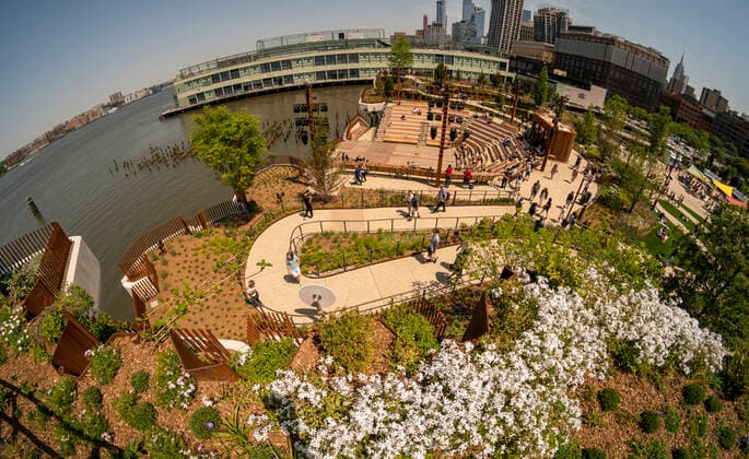 Little Island opens in Hudson River Park Throngs of visitors invade the new Little Island in Hudson River Park in New York on opening day, Friday, May 21, 2021. The park created with funding from the Diller-von Furstenberg Family Foundation has opened just when New York is relaxing restrictions due to the COVID-19 pandemic. The park, designed by Thomas Heatherwick, includes an amphitheater, concessionaires and stage and lawn space for its arts programming. (  RichardxB.xLevine