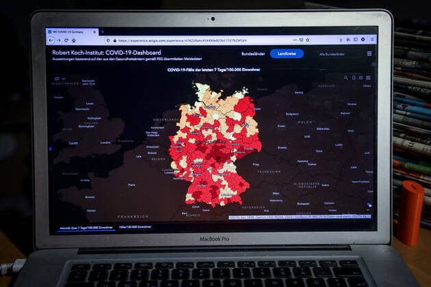 Coronavirus in Germany Covid 19 Dashboard of the Robert Koch Institute 22 05 2021 Robert Koch Institute 7 days Incidence 66.8 7 days Number of cases 55 570 COVID 19 cases 3 642 244 Addition of 7 082 compared to the previous day COVID 19 deaths 8787 298 128 Addition of 170 compared to the previous day