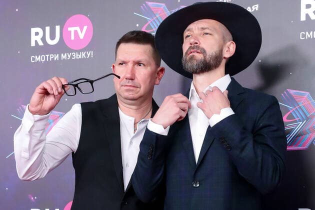 KRASNOGORSK, MOSCOW REGION, RUSSIA - MAY 22, 2021: Sergei (L) and Vladimir Kristovsky of the pop band Uma2rman attend the 10th RU.TV Channel music award ceremony at Crocus City Hall. Sergei Karpukhin TASS  TS101036