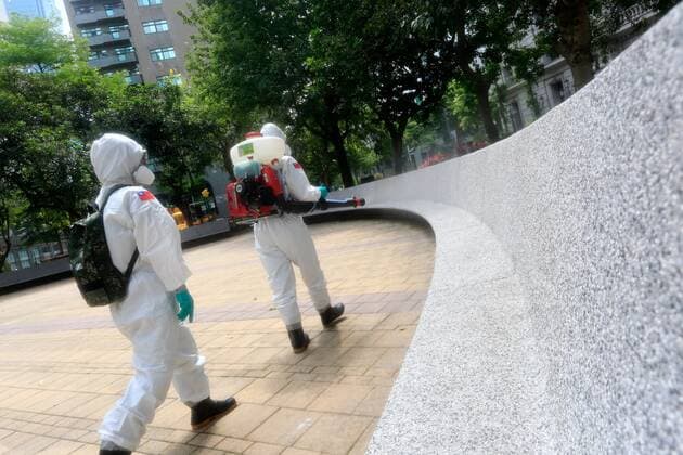 May 24, 2021, Taipei, Taipei, Taiwan: Military officers disinfect facilities at a district in Taipei, where a quarantine hotel is opened for people tested positive for Covid-19, as TaiwanÃ¢â‚¬â ¢s number of domestic cases of Covid-19 has largely risen, following a series of community transmissions. Taipei and New Taipei on May 24 stopped dine-in services at all restaurants subsequent to the nationwide Covid-19 alert level raised last week Taipei Taiwan - ZUMAs313 20210524_zip_s313_007 Copyright: xDanielxCengxShou-Yix