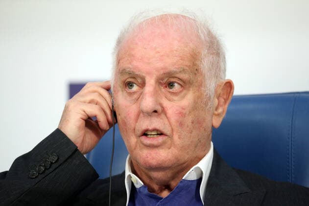 MOSCOW, RUSSIA â€“ MAY 24, 2021: Pianist Daniel Barenboim gives a news conference on his only solo concert in Russia; the concert in memory of the late pianist and teacher Dmitri Bashkirov is to be held at the Grand Hall of the Moscow Conservatory on 26 May 2021. Sergei Savostyanov TASS  TS10120C