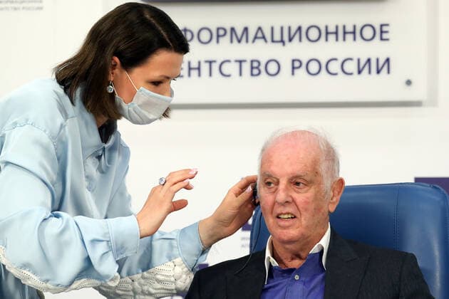 MOSCOW, RUSSIA â€“ MAY 24, 2021: Pianist Daniel Barenboim gives a news conference on his only solo concert in Russia; the concert in memory of the late pianist and teacher Dmitri Bashkirov is to be held at the Grand Hall of the Moscow Conservatory on 26 May 2021. Sergei Savostyanov TASS  TS10120D