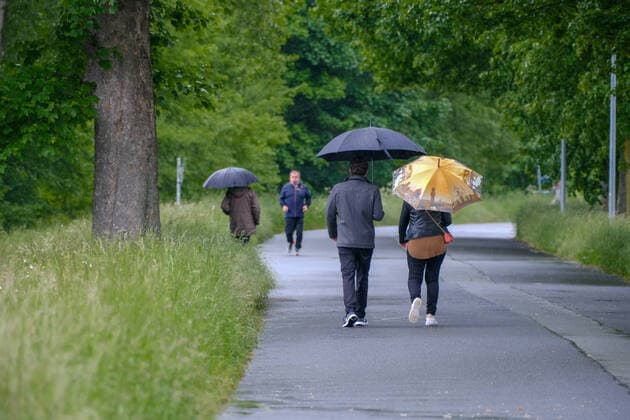 Dusseldorf 24 05 2021 weather rain umbrella rain weather wet wetness moisture water storm cloudburst hail hurricane storm spring autumn autumn weather april weather may weather jogger Volmerswerther dike walk walk walk walk Sunday walk Dusseldorf North Rhine Westphalia Germany