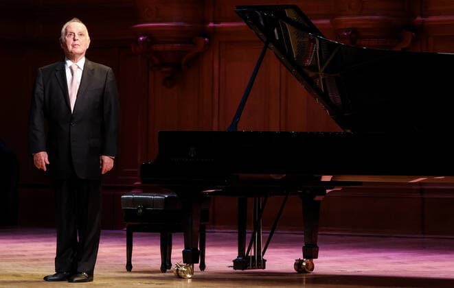MOSCOW, RUSSIA - MAY 26, 2021: Israeli pianist and conductor Daniel Barenboim, the six-time Grammy winner, gives a solo concert at the Great Hall of the Moscow Tchaikovsky Conservatory. He dedicates the event to his late fellow pianist, friend and father-in-law Dmitry Bashkirov. Vyacheslav Prokofyev TASS  TS101765
