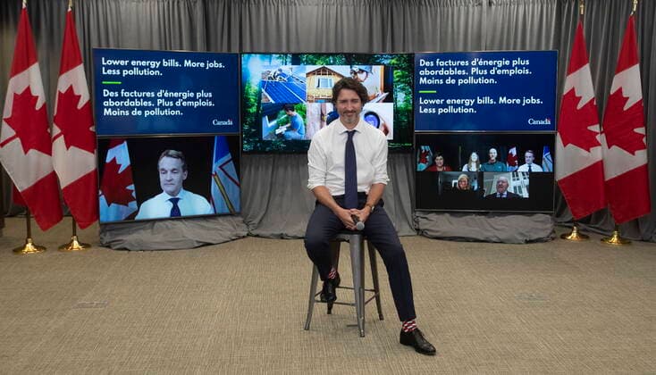 May 27, 2021, Ottawa, on, Canada: Prime Minister Justin Trudeau sits on a stool as he listens to Natural Resources Minister Seamus O Regan during a virtual appearance in Ottawa, Thursday, May 27, 2021. Ottawa Canada  - ZUMAc35_ 20210527_zaf_c35_032 Copyright: xAdrianxWyldx