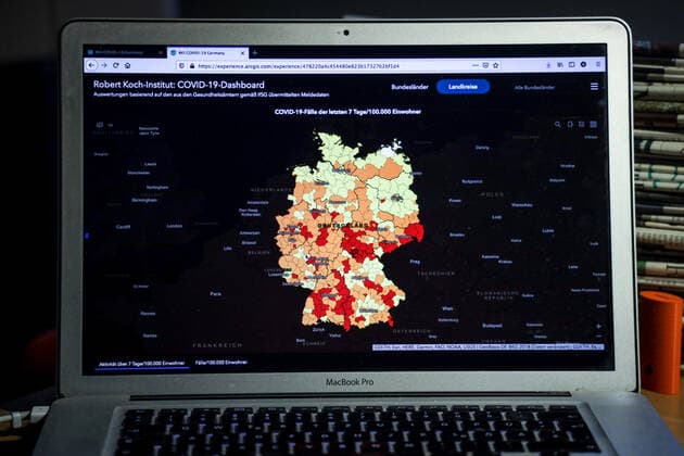 Coronavirus in Germany Covid 19 Dashboard of the Robert Koch Institute 29 05 2021 Robert Koch Institute 7 days Incidence 37.5 7 days Number of cases 31 150 COVID 19 cases 3 675 296 Addition of 5 426 compared to the previous day COVID 19 deaths 88 350 Addition of 163 compared to the previous day
