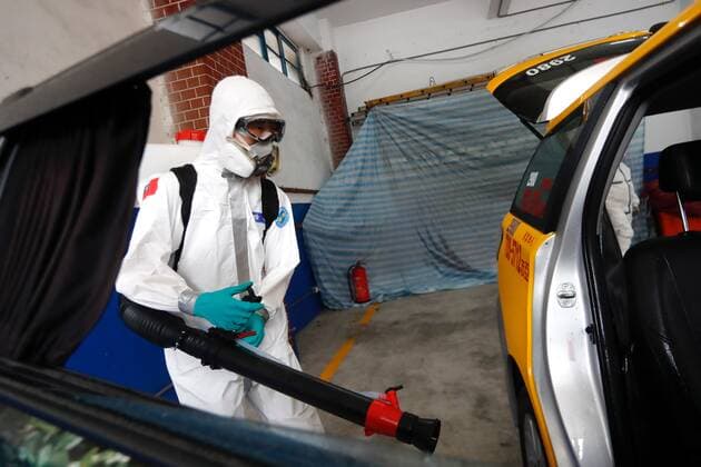 May 29, 2021, Taipei, Taipei, Taiwan: A military officer disinfects a special taxi for quarantine passengers at a fire station, where buses and taxis that carried quarantined persons are spread with disinfectant, following a surge of domestic COVID-19 cases. According to the soldier, he and his teammates have to disinfect several buses and 20 taxies, alternative, as more people are tested positive for COVID-19 amid a domestic outbreak. Taipei Taiwan - ZUMAs313 20210529_zip_s313_027 Copyright: xDanielxCengxShou-Yix