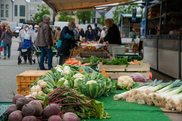 Traditional weekly market in Heide 29 05 2021On the traditional weekly market on the market place in Heide in Schleswig Holstein you can shop all year round Producers from the region offer their products here on Saturdays Mainly fish,