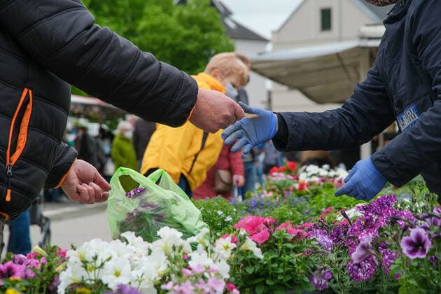 Traditional weekly market in Heide 29 05 2021On the traditional weekly market on the market place in Heide in Schleswig Holstein you can shop all year round Producers from the region offer their products here on Saturdays Mainly fish,