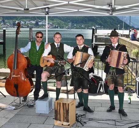 First of four parts of the event Hausmusikroas , with local folk musicians, on squares of the town of Gmunden, in the Upper Austrian Salzkammergut, as part of the Salzkammergut Festival Weeks Gmunden 202