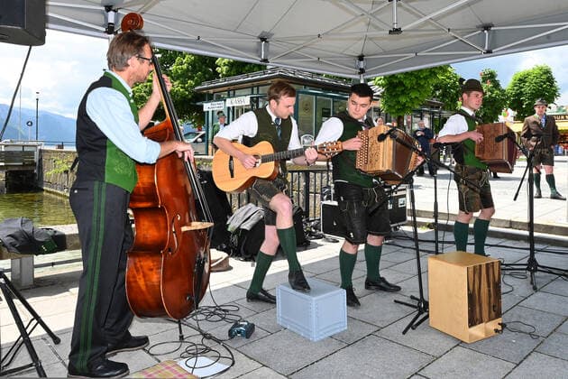 First of four parts of the event Hausmusikroas , with local folk musicians, on squares of the town of Gmunden, in the Upper Austrian Salzkammergut, as part of the Salzkammergut Festival Weeks Gmunden 202