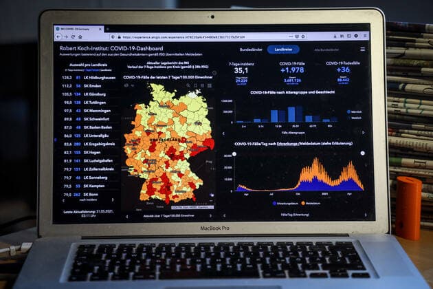 Coronavirus in Germany Covid 19 Dashboard of the Robert Koch Institute 31 05 2021 Robert Koch Institute 7 days Incidence 35.1 7 days Number of cases 29 229 COVID 19 cases 3 681 126 Addition of 3 852 compared to the previous day COVID 19 deaths 88 442 Addition of 36 compared to the previous day
