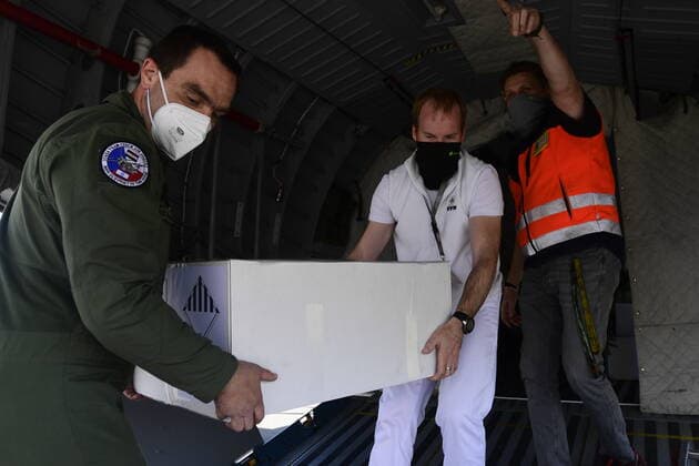 A Czech military plane with over 100,062 doses of the Pfizer BioNTech COVID vaccines, which Serbia donated to Czechia, arrived from Belgrade today, on Monday, May 31, 2021. (CTKxPhoto RomanxVondrous) CTKPhotoP2021053105336  VND