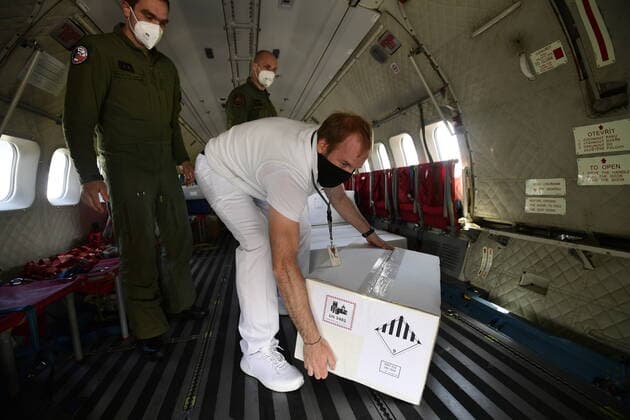 A Czech military plane with over 100,062 doses of the Pfizer BioNTech COVID vaccines, which Serbia donated to Czechia, arrived from Belgrade today, on Monday, May 31, 2021. (CTKxPhoto RomanxVondrous) CTKPhotoP2021053105393  dml