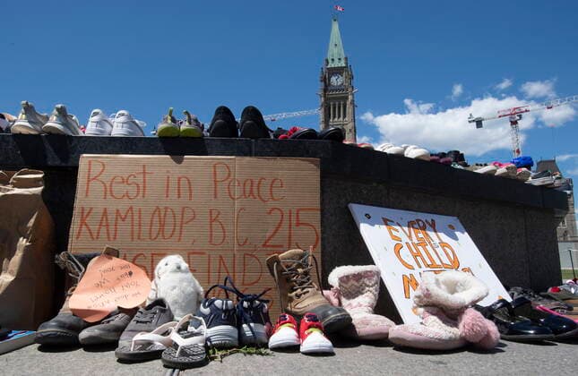 May 31, 2021, Ottawa, on, Canada: Shoes sit on the Eternal flame in recognition of discovery of children s remains at the site of a former residential school in Kamloops, B.C., on parliament hill in Ottawa on Monday May 31, 2021. Ottawa Canada  - ZUMAc35_ 20210531_zaf_c35_042 Copyright: xAdrianxWyldx