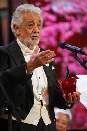 MOSCOW, RUSSIA - MAY 31, 2021: Spanish tenor Placido Domingo wins a prize at the 10th Oleg Yankovsky Creative Discovery Award ceremony as part of the 2021 Chereshnevy Les Wild Cherry Forest Open Art Festival in the Grand Hall of Moscowâ€™s Tchaikovsky Conservatory. Vyacheslav Prokofyev TASS  TS1024A2