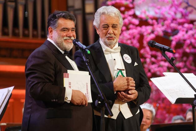 MOSCOW, RUSSIA - MAY 31, 2021: Bosco di Ciliegi Group of Companies Head Mikhail Kusnirovich (L) awards Spanish tenor Placido Domingo at the 10th Oleg Yankovsky Creative Discovery Award ceremony as part of the 2021 Chereshnevy Les Wild Cherry Forest Open Art Festival in the Grand Hall of Moscowâ€™s Tchaikovsky Conservatory. Vyacheslav Prokofyev TASS  TS1024A3
