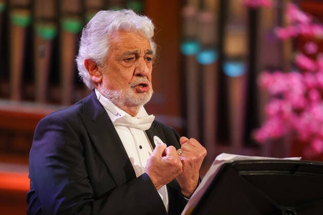 MOSCOW, RUSSIA - MAY 31, 2021: Spanish tenor Placido Domingo performs at the 10th Oleg Yankovsky Creative Discovery Award ceremony as part of the 2021 Chereshnevy Les Wild Cherry Forest Open Art Festival in the Grand Hall of Moscowâ€™s Tchaikovsky Conservatory. Vyacheslav Prokofyev TASS  TS1024AB