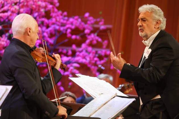 MOSCOW, RUSSIA - MAY 31, 2021: Spanish tenor Placido Domingo (R) and Vladimir Spivakov, artistic director and principal conductor of the National Philharmonic of Russia, perform at the 10th Oleg Yankovsky Creative Discovery Award ceremony as part of the 2021 Chereshnevy Les Wild Cherry Forest Open Art Festival in the Grand Hall of Moscowâ€™s Tchaikovsky Conservatory. Vyacheslav Prokofyev TASS  TS1024AE