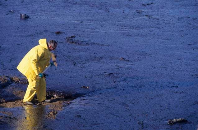 Oil spill caused by the sinking of the tanker Erika: cleaning of the coast in Tharon (1999 12 29) Oil spill caused by the sinking of the tanker Erika: cleaning of the beaches and coastal area in Tharon (north-western France), on Wednesday, December 29, 1999. Man wearing a yellow oilskin facing the oil slick on the beach Atlantic Loire region; Loire Atlantique 44; Pays de la Loire; Pays de Loire; Tharon Europe; Western Europe; France  Copyright: x ÊPageaux xAndia.frx 354835