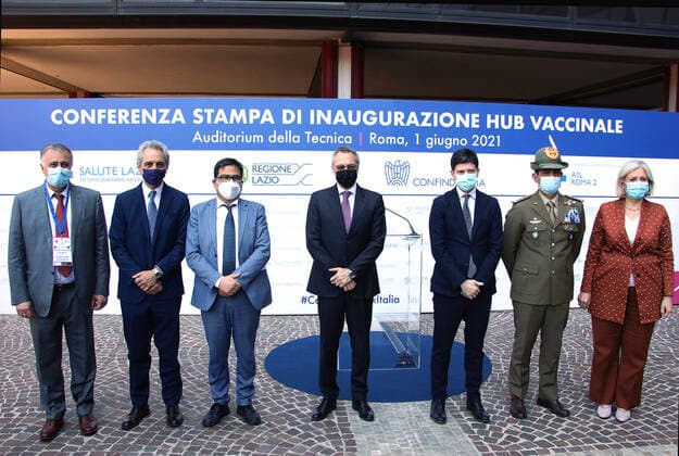 Rome, Inauguration of the new vaccination hub located at the Confindustria headquarters. Pictured: Giorgio Casati, Fabrizio Cipriani, Alessio D Amato, Carlo Bonomi, Roberto Speranza, Francesco Paolo Figliuolo, Francesca Mariotta  Copyright: xPieroxTenaglix xIPAx xPieroxTenaglix