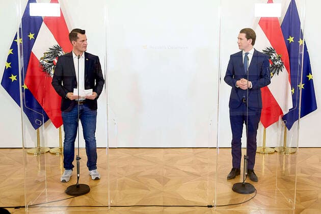 Vienna 31 05 2021 Coroanavirus crisis A press conference on the subject of increasing willingness to be vaccinated took place today in the Federal Chancellery PHOTO Federal Chancellor Sebastian Kurz R ÖVP and Health Minister Wolfgang Mückstein L Grüne during the press conf