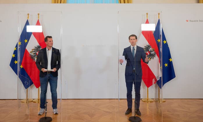 20210601 Press statements on the increasing willingness to vaccinate VIENNA, AUSTRIA - JUNE 1: Minister for social affairs Wolfgang Mueckstein (Green Party) and Federal Chancellor Sebastian Kurz (OEVP) giving a press statements on the increasing willingness to vaccinate at Federal Chancellery on June 1, 2021 in Vienna, Austria. WIEN, OESTERREICH - 1. JUNI: Sozialminister Wolfgang Mueckstein (Gruene) und Bundeskanzler Sebastian Kurz (OEVP) bei einem Pressestatement zur steigenden Impfbereitschaft im Bundeskanzleramt am 1. Juni 2021 in Wien, Oesterreich. 210601_SEPA_32_044 Copyright: xMartinxJuenx SEPAxMedia