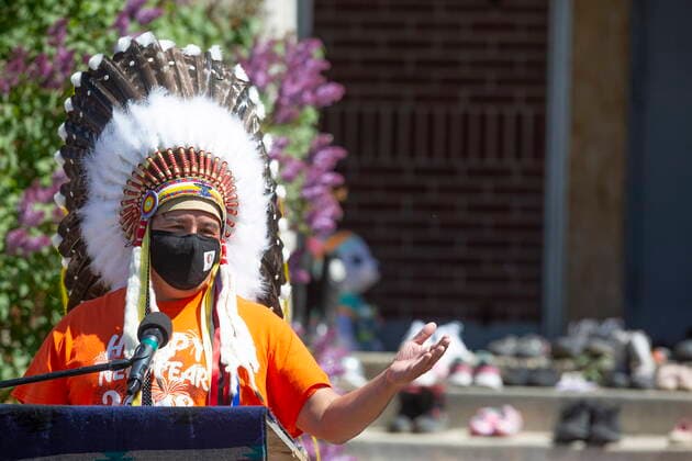 June 1, 2021, Muskowekwan First Nation, SK, Canada: FSIN Chief Bobby Cameron speaks during a press conference and prayer vigil at the former Muscowequan Indian Residential School, one of the last residential schools to close its doors in Canada in 1997 and the last fully intact residential school still standing in Saskatchewan at Muskowekwan First Nation, Sask., on Tuesday, June 1, 2021. The vigil was in response to the remains of 215 children recently found at the Kamloops Indian Residential School. Muskowekwan First Nation Canada  - ZUMAc35_ 20210601_zaf_c35_081 Copyright: xKaylexNeisx