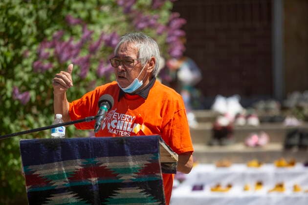 June 1, 2021, Muskowekwan First Nation, SK, Canada: Touchwood Agency Tribal Council Senator William Strongarm and Residential School Survivor speaks during a press conference and prayer vigil at the former Muscowequan Indian Residential School, one of the last residential schools to close its doors in Canada in 1997 and the last fully intact residential school still standing in Saskatchewan at Muskowekwan First Nation, Sask., on Tuesday, June 1, 2021. The vigil was in response to the remains of 215 children recently found at the Kamloops Indian Residential School. Muskowekwan First Nation Canada  - ZUMAc35_ 20210601_zaf_c35_088 Copyright: xKaylexNeisx