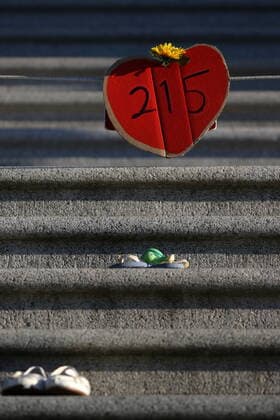 June 1, 2021, Victoria, BC, Canada: Shoes, teddy bears and messages are displayed on the steps outside the legislature in Victoria, Tuesday, June 1, 2021, in honour of the 215 residential school children whose remains have been discovered buried near the facility in Kamloops, B.C. Victoria Canada - ZUMAc35_ 20210601_zaf_c35_123 Copyright: xChadxHipolitox
