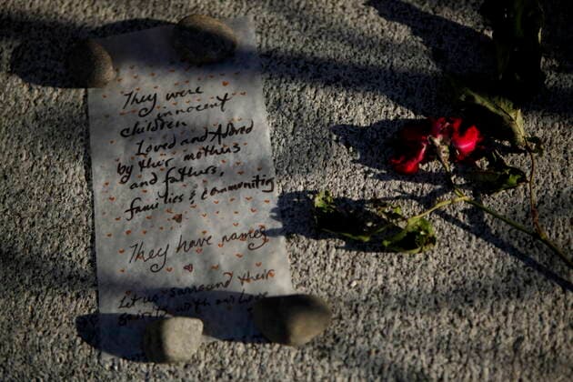 June 1, 2021, Victoria, BC, Canada: A letter is displayed on the steps outside the legislature in Victoria, Tuesday, June 1, 2021, in honour of the 215 residential school children whose remains have been discovered buried near the facility in Kamloops, B.C. Victoria Canada  - ZUMAc35_ 20210601_zaf_c35_124 Copyright: xChadxHipolitox