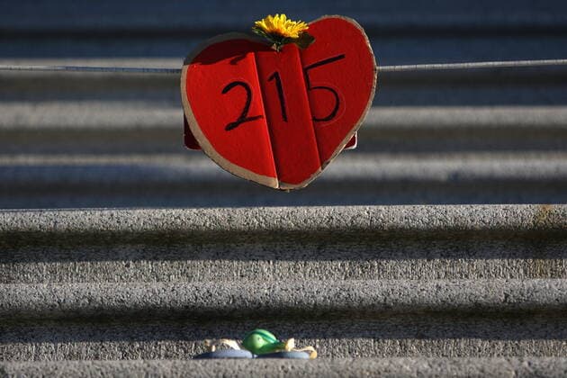 June 1, 2021, Victoria, BC, Canada: Shoes, teddy bears and messages are displayed on the steps outside the legislature in Victoria, Tuesday, June 1, 2021, in honour of the 215 residential school children whose remains have been discovered buried near the facility in Kamloops, B.C. Victoria Canada - ZUMAc35_ 20210601_zaf_c35_129 Copyright: xChadxHipolitox