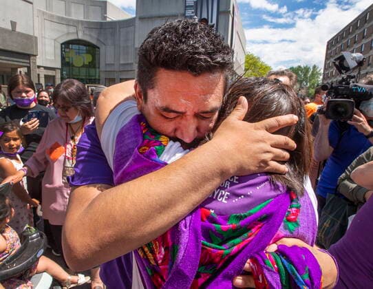 June 2, 2021, TROIS-RIVIERES, PQ, Canada: Carol Dube (left), husband of Joyce Echaquan, is hugged by a supporter during a rally in Trois-Rivieres, Que., Wednesday, June 2, 2021. Echaquan, a 37-year-old Atikamekw mother of seven, filmed herself on Facebook Live as a nurse and an orderly were heard making derogatory comments toward her shortly before she died last September at a hospital northeast of Montreal. TROIS-RIVIERES Canada - ZUMAc35_ 20210602_zaf_c35_041 Copyright: xRyanxRemiorzx
