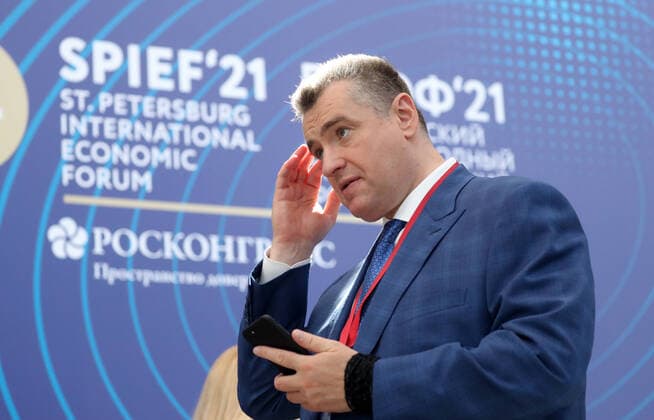 ST PETERSBURG, RUSSIA - JUNE 3, 2021: Russian State Duma member Leonid Slutsky at the 2021 St Petersburg International Economic Forum (SPIEF 2021) at the ExpoForum Convention and Exhibition Center. Kirill Kukhmar TASS Host Photo Agency  TS10336B
