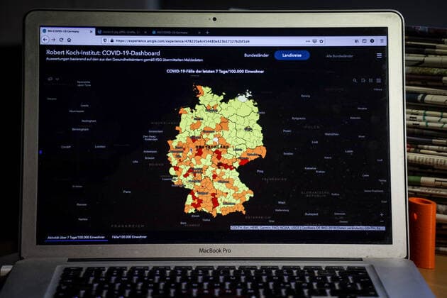 Coronavirus in Germany Covid 19 Dashboard of the Robert Koch Institute 04 06 2021 Robert Koch Institute 7 days Incidence 29.7 7 days Number of cases 24 682 COVID 19 cases 3 695 633 Addition of 3 165 compared to the previous day COVID 19 deaths 89 026 Addition of 86 compared to the previous day